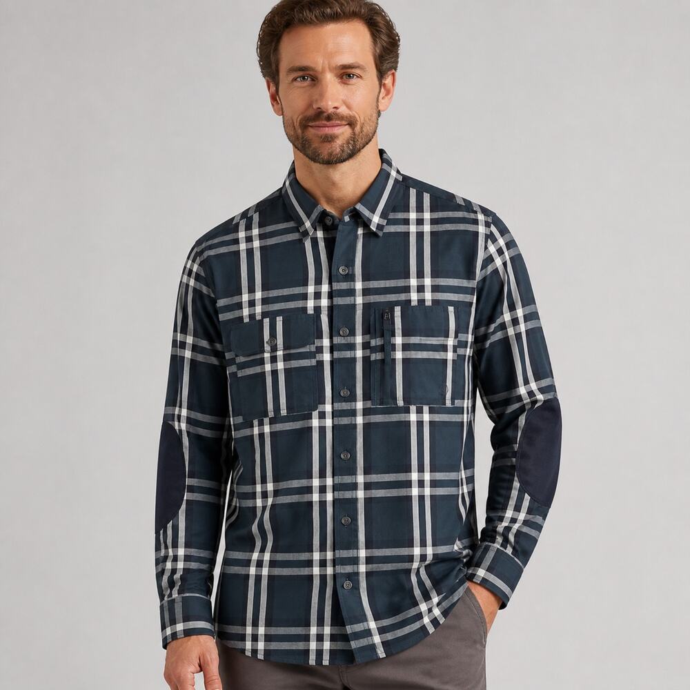 Wrangler ATG Shirt Mens Small Blue Cotton Plaid Long Sleeve All Terrain Gear